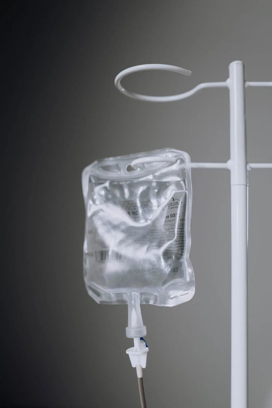 Intravenous IV bag hanging on a clinical stand